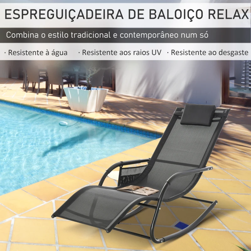 Outsunny Espreguiçadeira Baloiço de Exterior com Apoio de Cabeça Acolchoado e Bolso Lateral 150x62x88 cm Preto