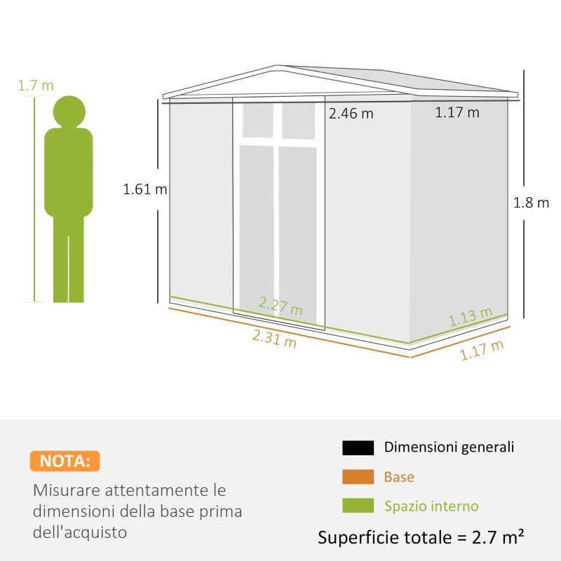 Outsunny Capanno da Giardino Porta Attrezzi in Acciaio Zincato con 2 Porte, 246x117x180 cm, Grigio Scuro