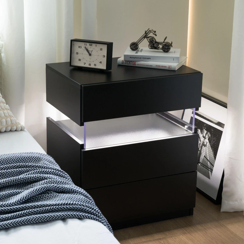LED Nightstand with 3 Drawers, Acrylic Board and Multi-Colour RGB LED Light, 50L x 37.5W x 60H cm, Black