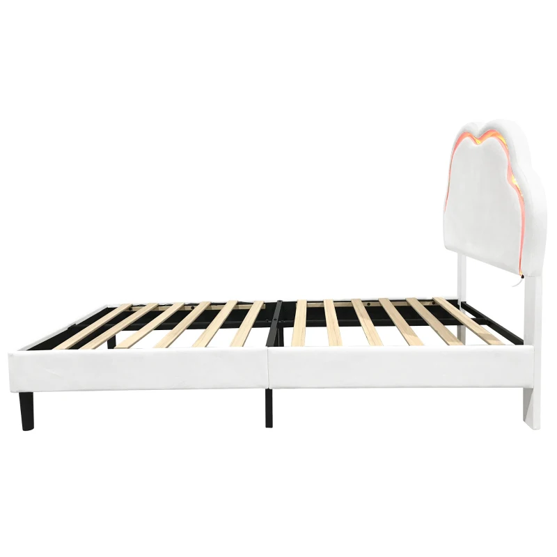 3ft Single Upholstered Bed with Adjustable Cloud Headboard, RGB LED, Velvet Frame with Solid Wood Slats, 194L x 106W x 118H cm, White