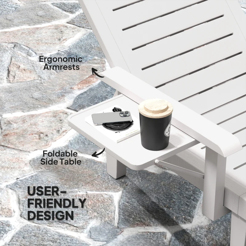 Outsunny Set of 2 Resin Reclining Sun Loungers for Garden, 5 Positions Adjustable Outdoor Chaise Lounge Chairs with Wood Texture Surface, Armrests, Foldable Side Table for Garden, Beach, White