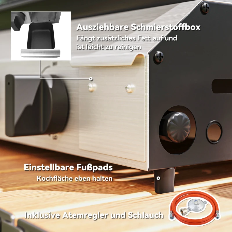 Outsunny Gasgrill 8000BTU/2,4 KW Grillwagen inkl 4 Edelstahl-Brenner Druckminderer 44 x 44,5 x 19 cm Silber+Schwarz