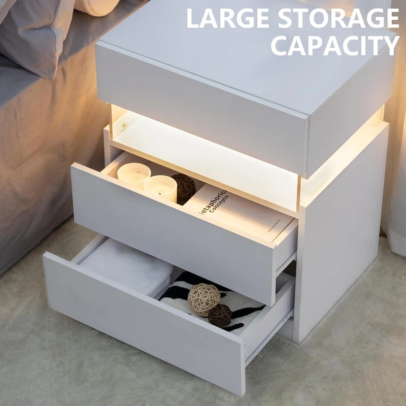 LED Bedside Table with Remote-Controlled RGB Lighting, 3 Drawers, Modern Nightstand with Acrylic Board, 50L x 37.5W x 60H cm, White