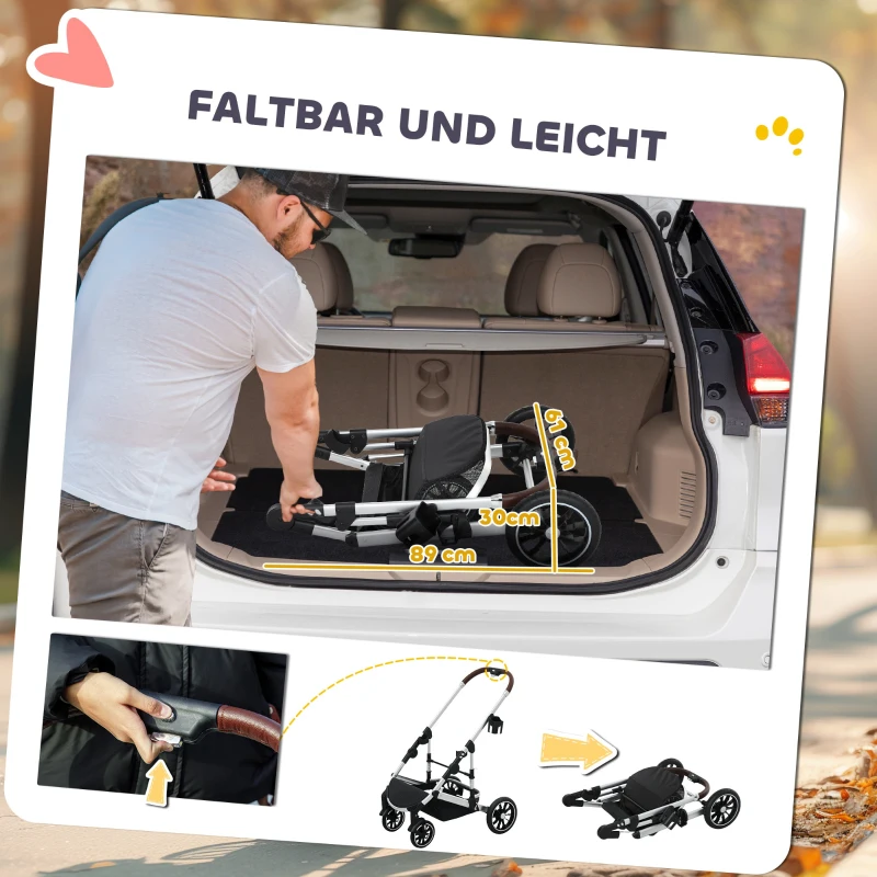 PawHut 3-in-1 Opvouwbare Hondenbuggy voor Honden & Katten tot 10 kg met Kussen en Bekerhouder - Lichtgrijs(m-8)