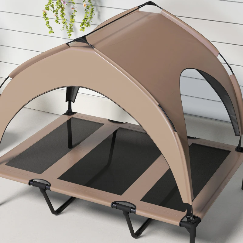 PawHut Cama para Cães Elevada com Toldo para Cães Médios com Estrutura de Aço e Bolsa de Transporte 106x76x94 cm Marrom Claro