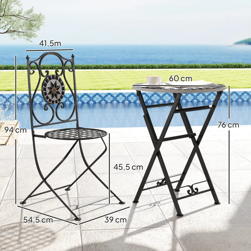 Outsunny Conjunto de Jardim de 3 Peças com Mesa Redonda Cadeiras Dobráveis e Desenho em Mosaico para Varanda Pátio Multicor