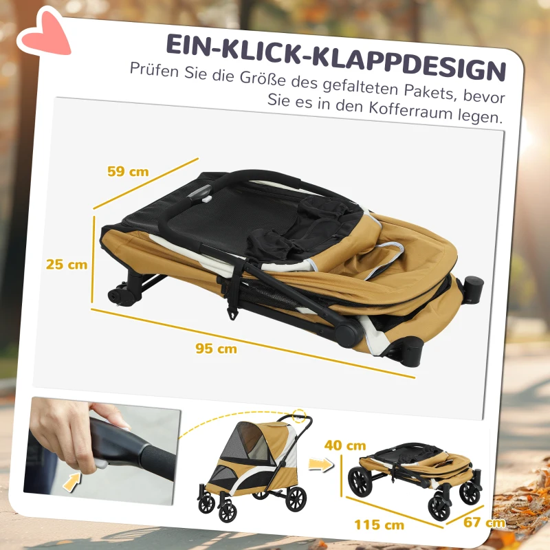 PawHut Hondenwagen, Opvouwbare hondenbuggy voor grote honden, huisdierenwagen met 4 wielen, veiligheidslijnen, remmen, bruin