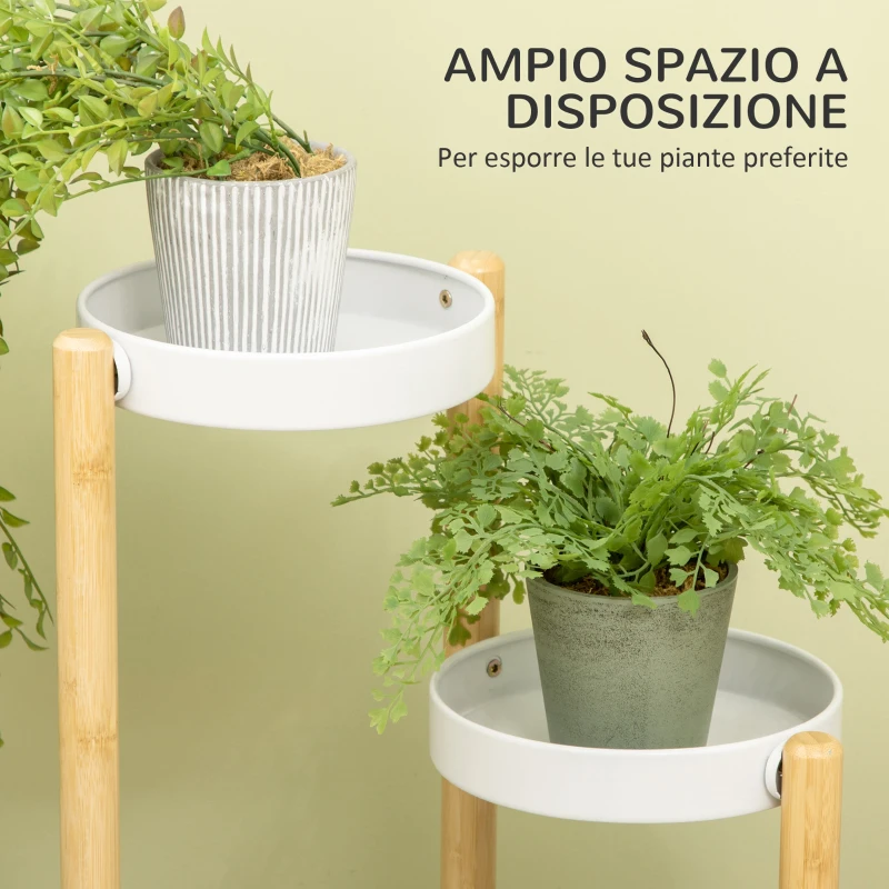 Outsunny Porta Piante da Interno ed Esterno, 4 Ripiani a Vassoio e Struttura in Bambù, 28x28x80 cm, Bianco