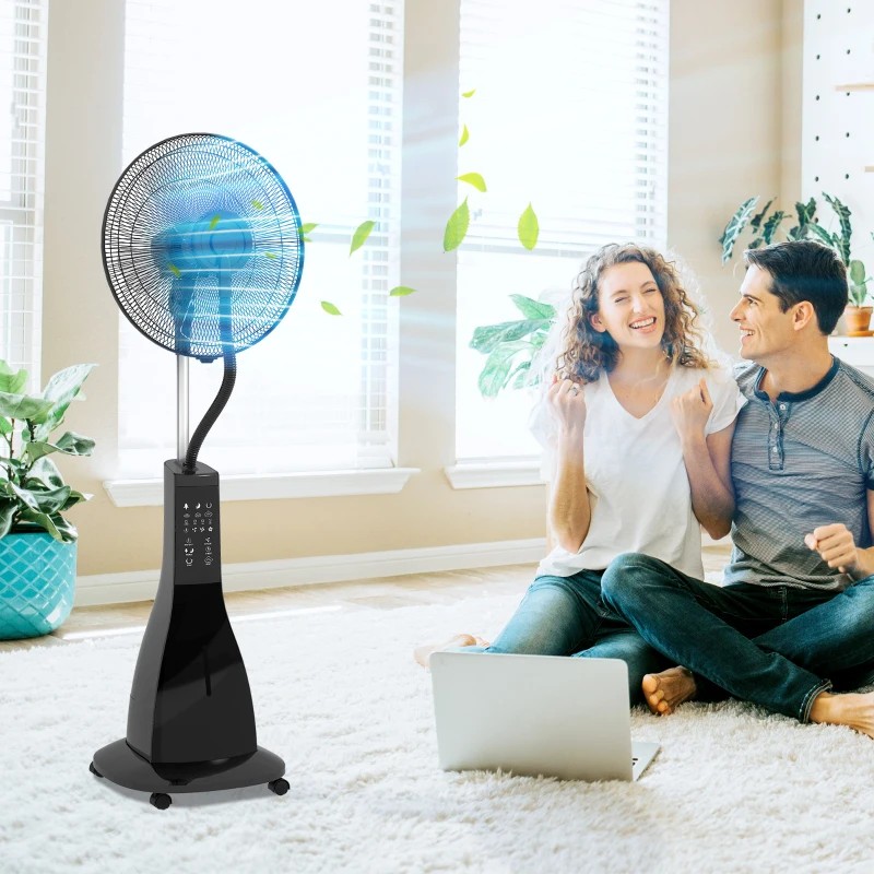 HOMCOM Ventoinha de Pé com Nebulizador 90 W Temporizador Depósito 3L 3 Velocidades 5 Pás e Ecrã LED 44,5x38,5x120 cm Preto