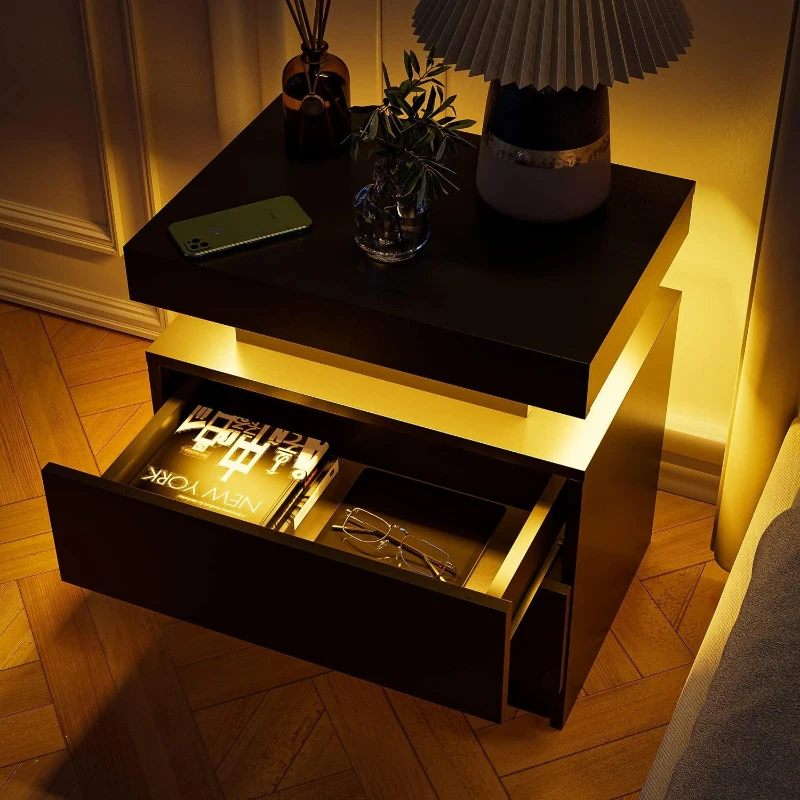 Space-Saving LED Nightstand with Adjustable Lights, 2 Drawers, Modern Bedside Table for Bedroom, Living Room, 49L x 35W x 52H cm, Black
