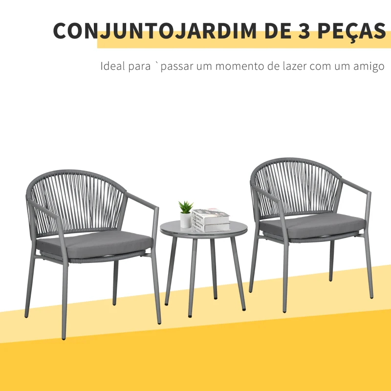 Outsunny Conjunto de Jardim Exterior de 3 Peças com 2 Cadeiras e Mesa de Vime com Almofadas Acolchoadas e Bancada de Vidro Cinza