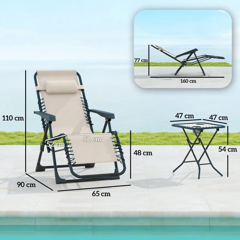 Outsunny Set de 2 Tumbonas Jardín Exterior Plegables de Gravedad Cero con Mesa Auxiliar con Portavasos Reposacabezas Beige