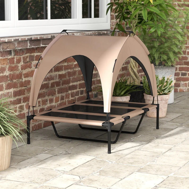 PawHut Cama para Cães Elevada com Toldo para Cães Médios com Estrutura de Aço e Bolsa de Transporte 106x76x94 cm Marrom Claro