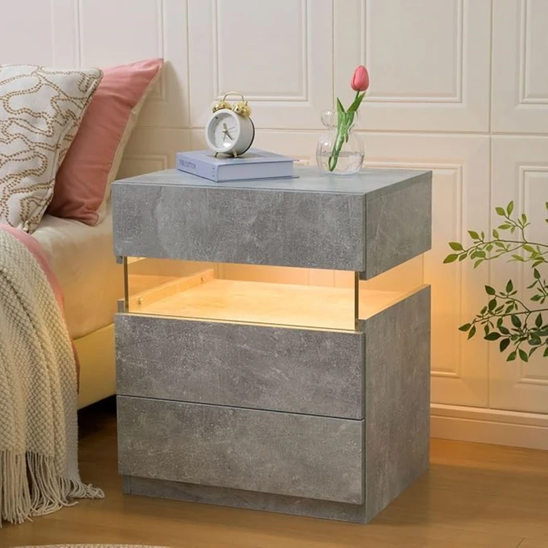 LED Nightstand with Acrylic Board and 3 Drawers, Modern Bedside Table with RGB LED Light, 50L x 37.5W x 60H cm, Gray
