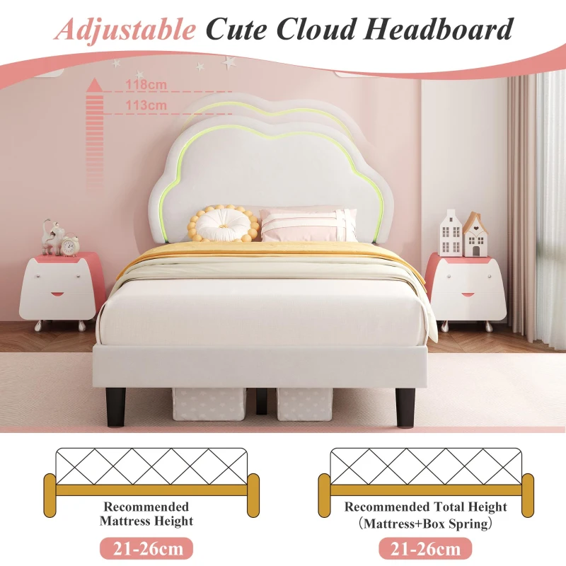 3ft Single Upholstered Bed with Adjustable Cloud Headboard, RGB LED, Velvet Frame with Solid Wood Slats, 194L x 106W x 118H cm, White