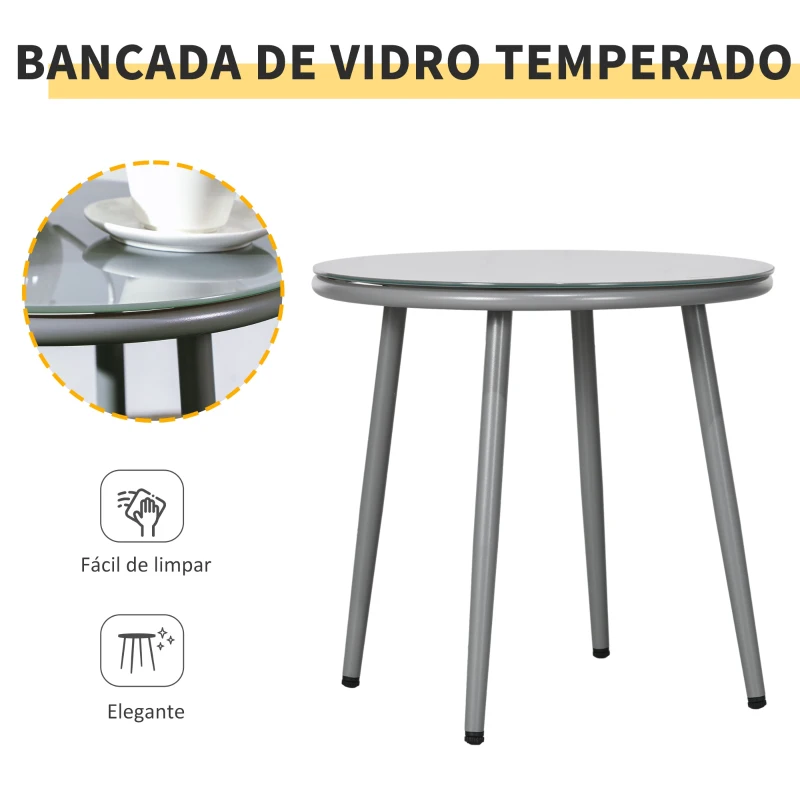 Outsunny Conjunto de Jardim Exterior de 3 Peças com 2 Cadeiras e Mesa de Vime com Almofadas Acolchoadas e Bancada de Vidro Cinza