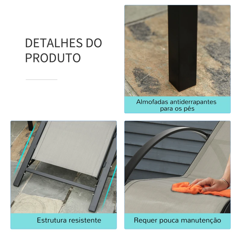 Outsunny Conjunto de 2 Espreguiçadeiras de Jardim 59x169x66 cm com Mesa 41x41x45 cm  Vidro Temperado Apoio de Braços Cinzento