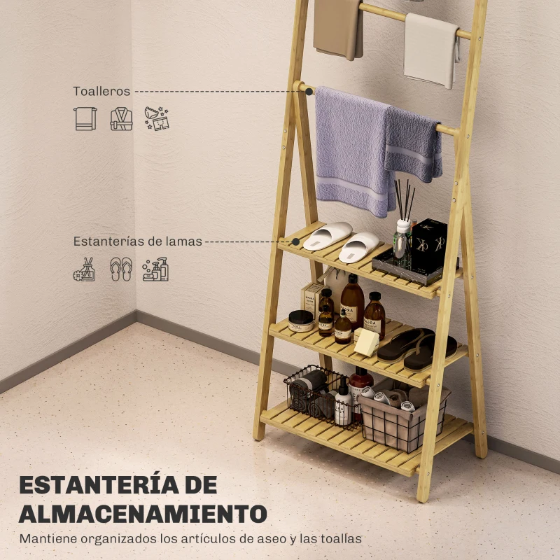 HOMCOM Estantería de Baño de Bambú Plegable con 3 Estantes con Barras Estantería de Madera en Forma de A 53,5x30x53 cm Natural