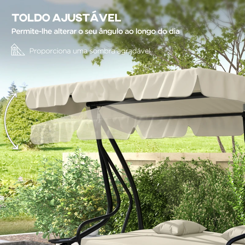 Outsunny Banco Baloiço de Jardim 3 Lugares Convertível em Cama com Toldo Ajustável e 2 Almofadas  200x120x164 cm Creme