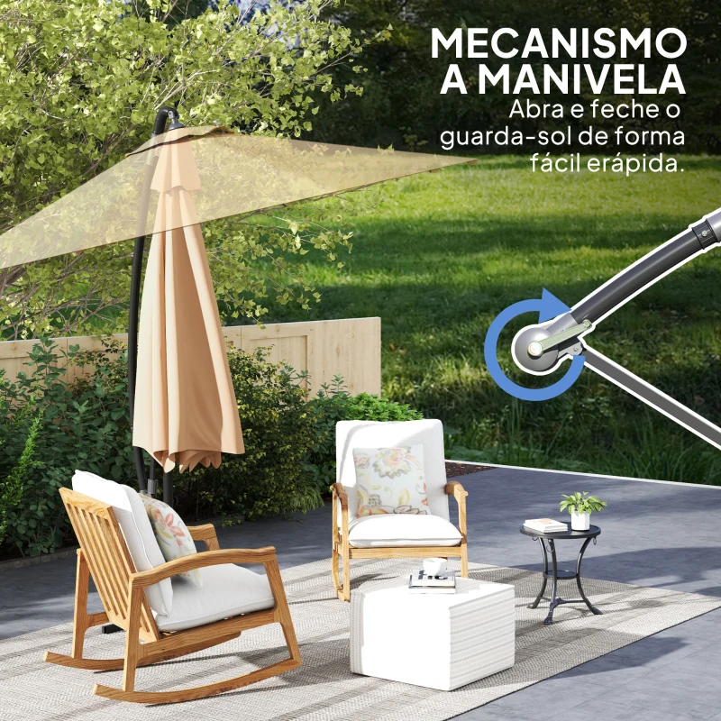 Outsunny Chapéu de Sol Excêntrico Ø 290 cm Chapéu de Sol de Jardim com Base Cruzada Capa de Proteção e Corda de Vento Cáqui