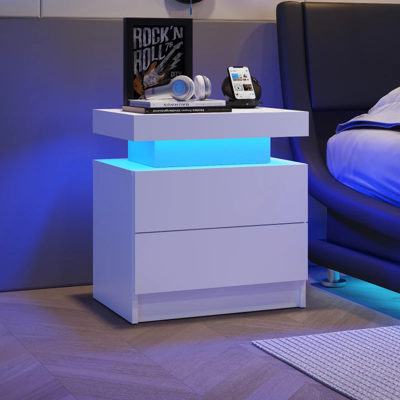 Multi-Functional LED Nightstand with Adjustable Lights, 2 Drawers, Modern Bedside Table for Bedroom, Living Room, 49L x 35W x 52H cm, White