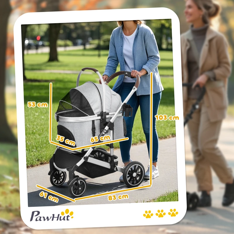 PawHut 3-in-1 Opvouwbare Hondenbuggy voor Honden & Katten tot 10 kg met Kussen en Bekerhouder - Lichtgrijs(m-3)