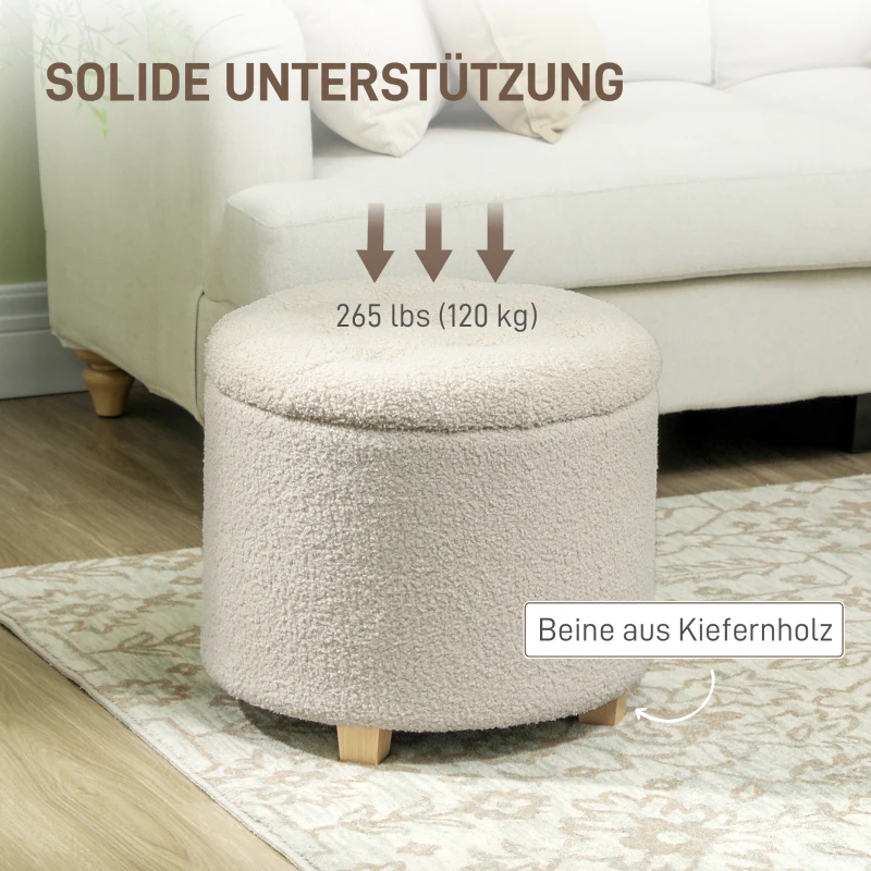 HOMCOM Runder Sitzhocker mit Stauraum, Deckel und Holzbeinen, Fußhocker für Wohnzimmer, Flur, Schlafzimmer, Cremeweiß