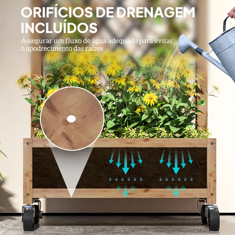 Outsunny Conjunto de 2 Jardineiras de Exterior Jardineiras com Treliça Metálica para Plantas Trepadeiras Vasos com Rodas para Jardim Pátio 52x25x97 cm Madeira