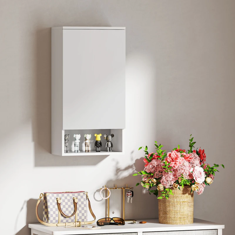 HOMCOM Wandgemonteerde Badkamerkast, Wandkast voor de Badkamer met Verstelbare Planken en Open Vak, Hout, Wit