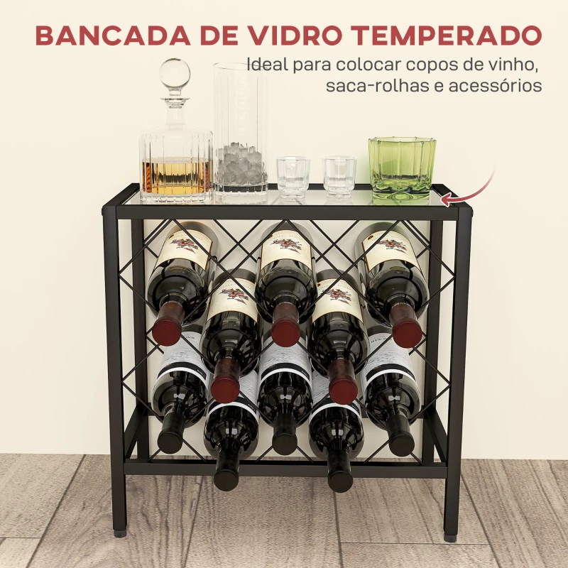 HOMCOM Suporte para Garrafas de Vinho para 10 Garrafas Suporte com Bancada de Vidro Temperado e Estrutura de Aço 41x22x41 cm Preto