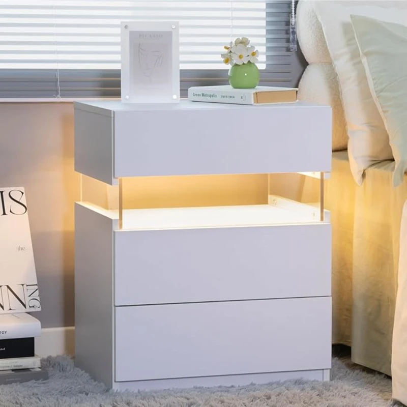 LED Bedside Table with Remote-Controlled RGB Lighting, 3 Drawers, Modern Nightstand with Acrylic Board, 50L x 37.5W x 60H cm, White