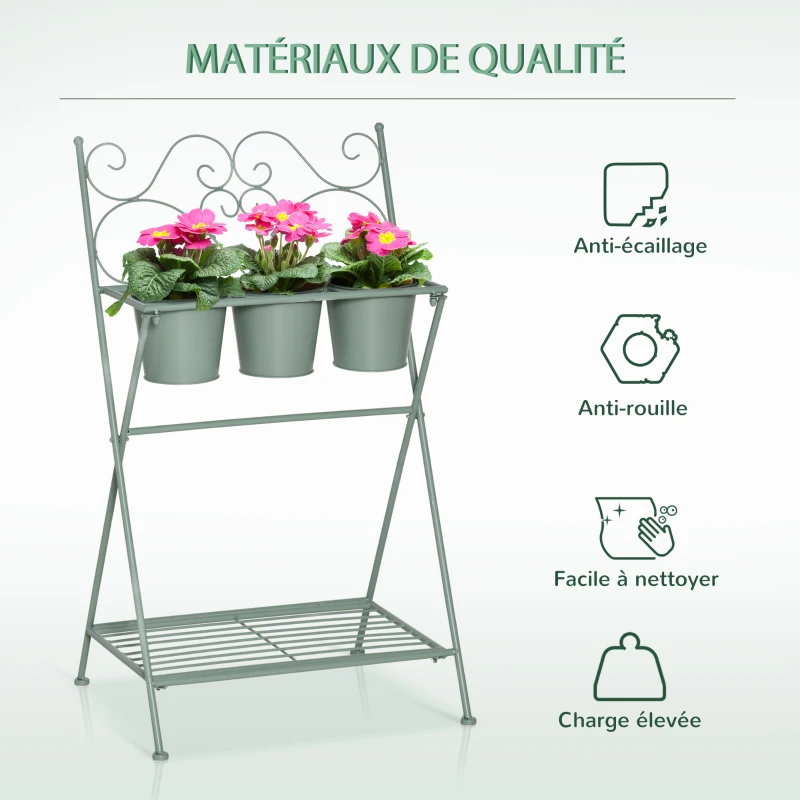 Outsunny Étagère à Fleurs 2 Niveaux Style Rural Chic - Pliable - 3 Pots de Fleurs Inclus, étagère - métal époxy anticorrosion Vert d'eau