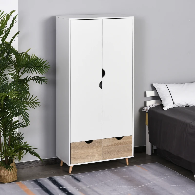 HOMCOM Armoire de Rangement Design scandinave - Armoire de Chambre - Placard 2 Portes avec penderie et étagère - 2 tiroirs coulissants - Panneaux Particules Blanc chêne Clair