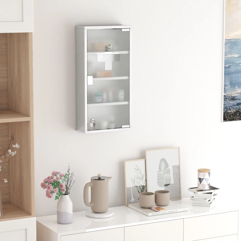 HOMCOM Armoire à Pharmacie 3 étagères 4 Niveaux 30L x 12l x 60H cm Porte Verre trempé Symbole Croix Acier Inoxydable brossé
