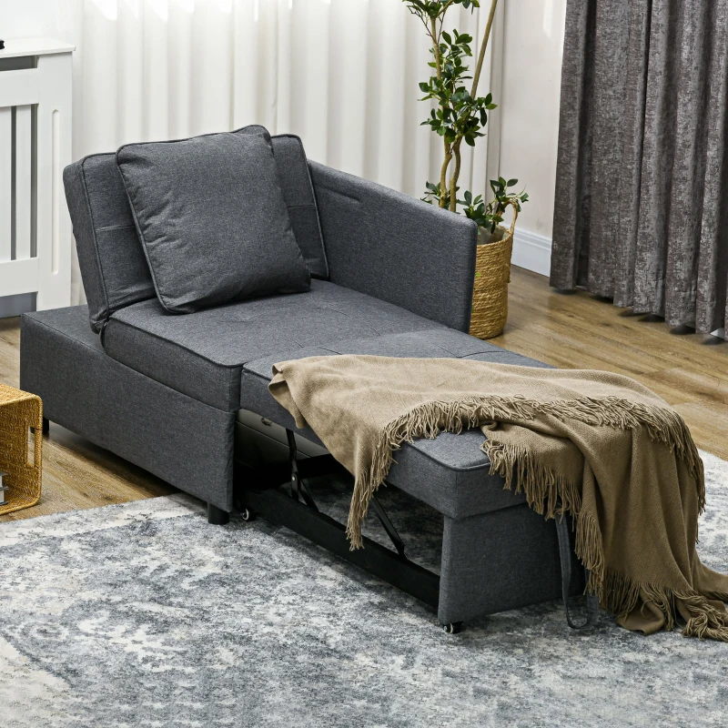 HOMCOM Sofá Cama 3 em 1 Sofá de 2 Lugares com Encosto Ajustável Sofá Cama Individual com Almofadas 65x98x69 cm Cinzento