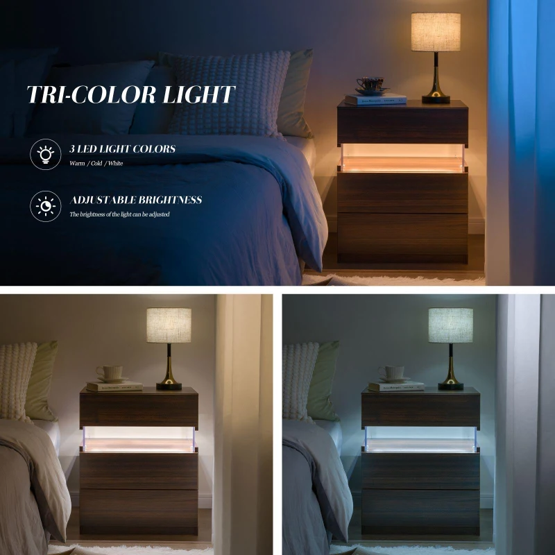 LED Nightstand with Acrylic Board and 3 Drawers, Modern Bedside Table with RGB LED Light, 50L x 37.5W x 60H cm, Walnut