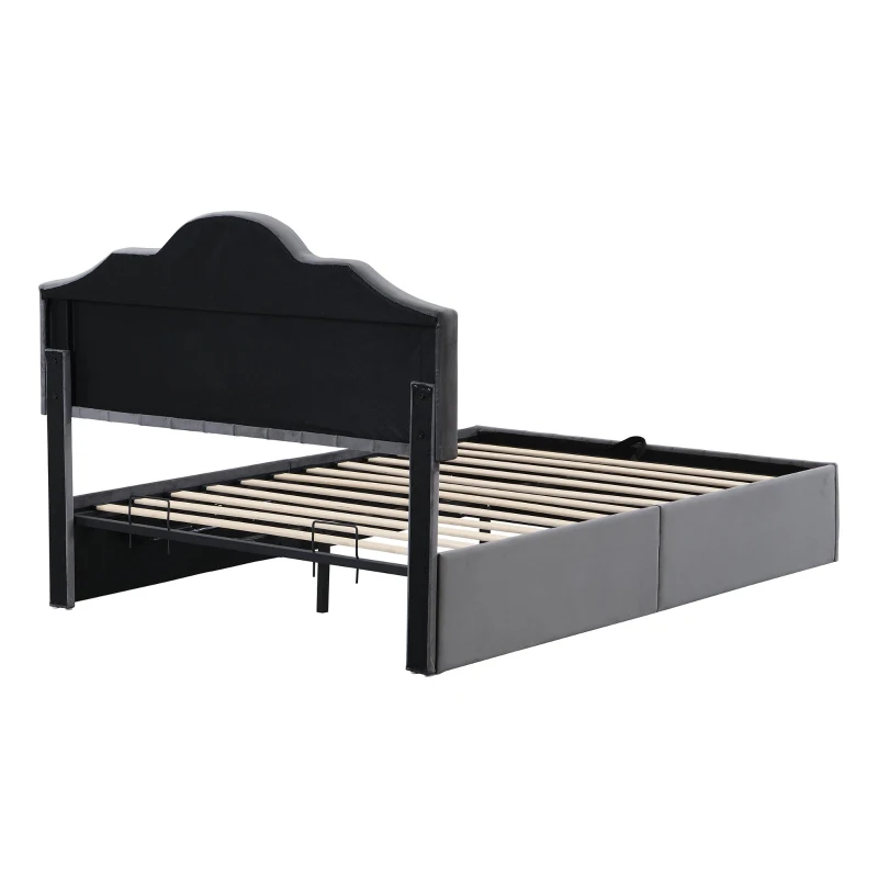 Upholstered Double Bed with Hydraulic Lift Storage, Diamond-Textured Velvet and Iron Frame, 198.5L x 146W x 116H cm, Gray