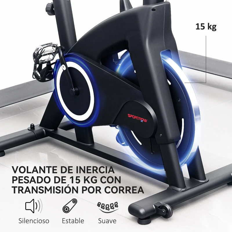 SPORTNOW Bicicleta Estática de Interior con Volante de Inercia de 15 kg Monitor LED con Pulsómetro Manillar y Asiento Ajustables