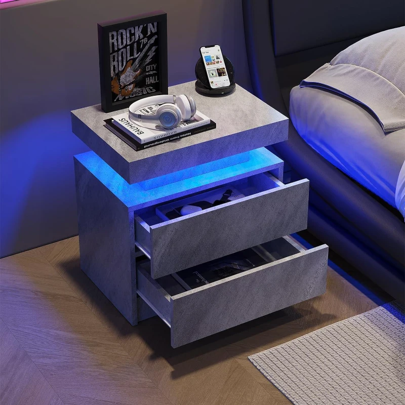 Versatile LED Bedside Table with Adjustable Lights, 2 Drawers, Modern Nightstand for Bedroom, Living Room, 49L x 35W x 52H cm, Gray