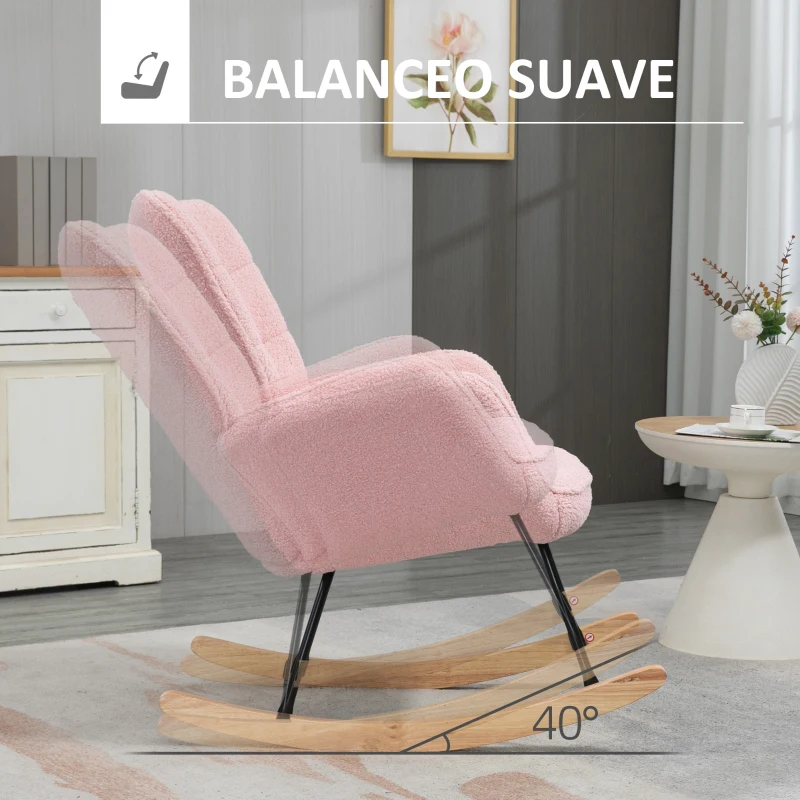 HOMCOM Silla Mecedora de Borreguito Sillón Balancín Oscilante 40° con Patas de Madera de Haya Carga 120 kg 71x98x101 cm Rosa