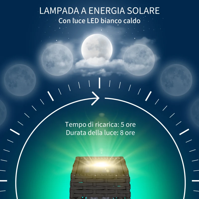 Outsunny Lampada Solare da Giardino con Illuminazione LED, in Acciaio e Rattan PE, 20x20x68 cm, Grigio