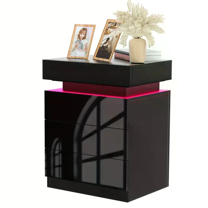 Space-Saving LED Nightstand with Adjustable Lights, 2 Drawers, Modern Bedside Table for Bedroom, Living Room, 49L x 35W x 52H cm, Black
