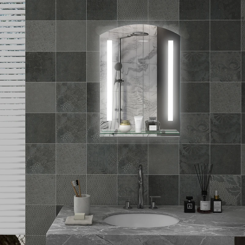 kleankin Specchio Bagno con Luce LED e Interruttore Touch, Mensola in Vetro e Struttura Alluminio, IP44, 50x70 cm Argento