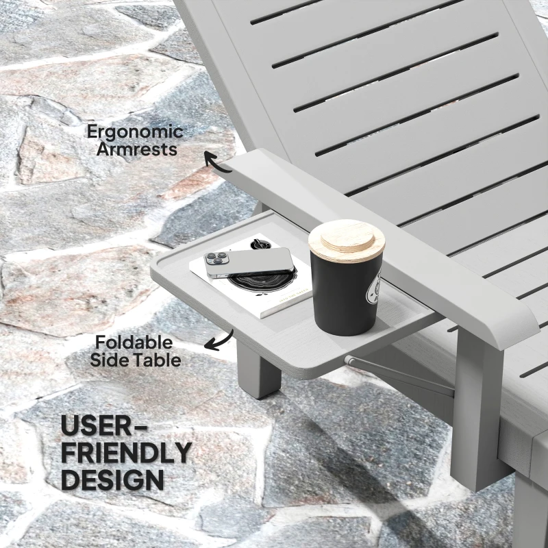 Outsunny Set of 2 Resin Reclining Sun Loungers for Garden, 5 Positions Adjustable Outdoor Chaise Lounge Chairs with Wood Texture Surface, Armrests, Foldable Side Table for Garden, Beach, Light Grey