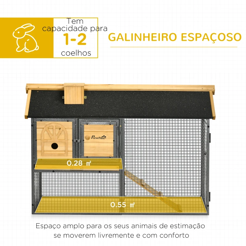PawHut Gaiola para Coelhos de Madeira de 2 Níveis com Zona Aberta Teto Asfáltico Portas e Rampa 120x55,5x80 cm Madeira e Preto