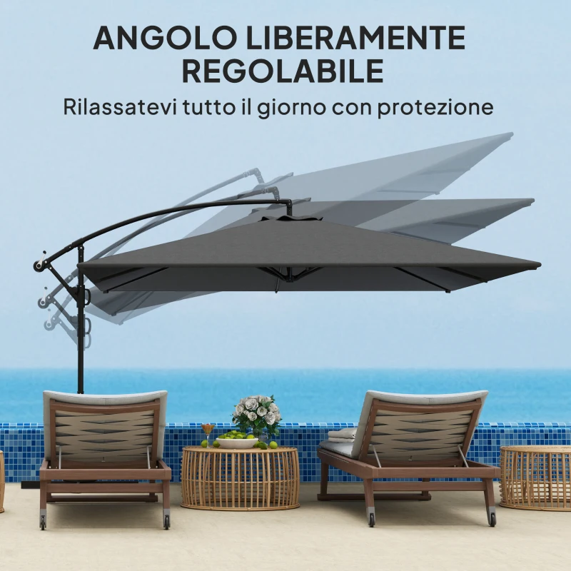 Outsunny Ombrellone da Giardino a Braccio 2.8x3.8 m Girevole a 360° e Inclinabile, Apertura a Manovella, Grigio