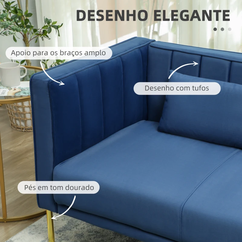 HOMCOM Sofá de 3 Lugares Estofado em Veludo com 2 Almofadas Apoio para os Braços e Pés Dourados 194,5x76x76 cm Azul Marinho