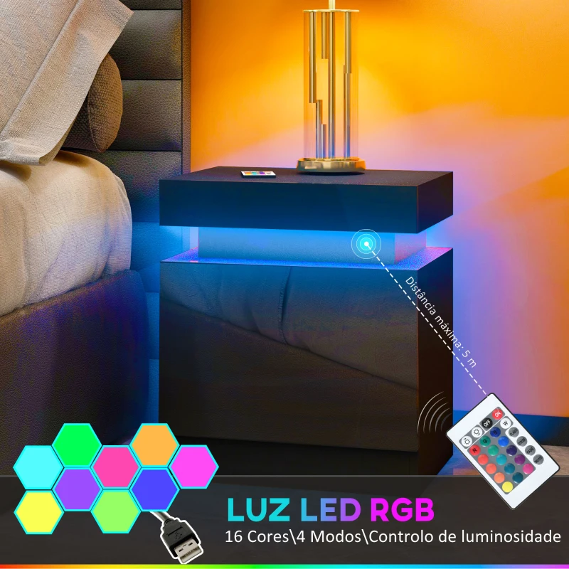 HOMCOM Mesa de Cabeceira com Luz LED Painel de Alto Brilho 2 Gavetas e Controlo Remoto para Dormitório 45x35x52 cm Preto