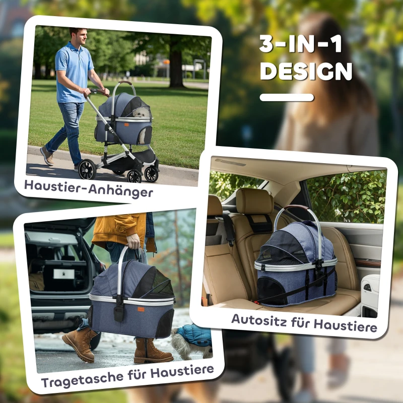 PawHut Hundewagen 3 in 1 Hundebuggy klappbar für Katzen bis 10 kg Katzenbuggy mit Kissen Becherhalter Dunkelblau(m-5)