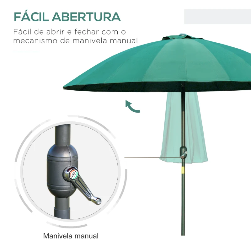 Outsunny Chapéu de Sol de Jardim Ø2,5x2,4 m com Manivela Manual Mastro Flexível Impermeável e 18 Hastes para Exterior Verde